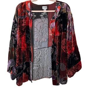 Md VTG Chicos Patchwork Floral Velvet Silk Blend Burnout Kimono Red Black Boho